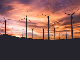 images of field of wind turbines at sunset