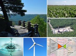 many photos: landscape, water drop, windmill, drone image, farmland, diagram